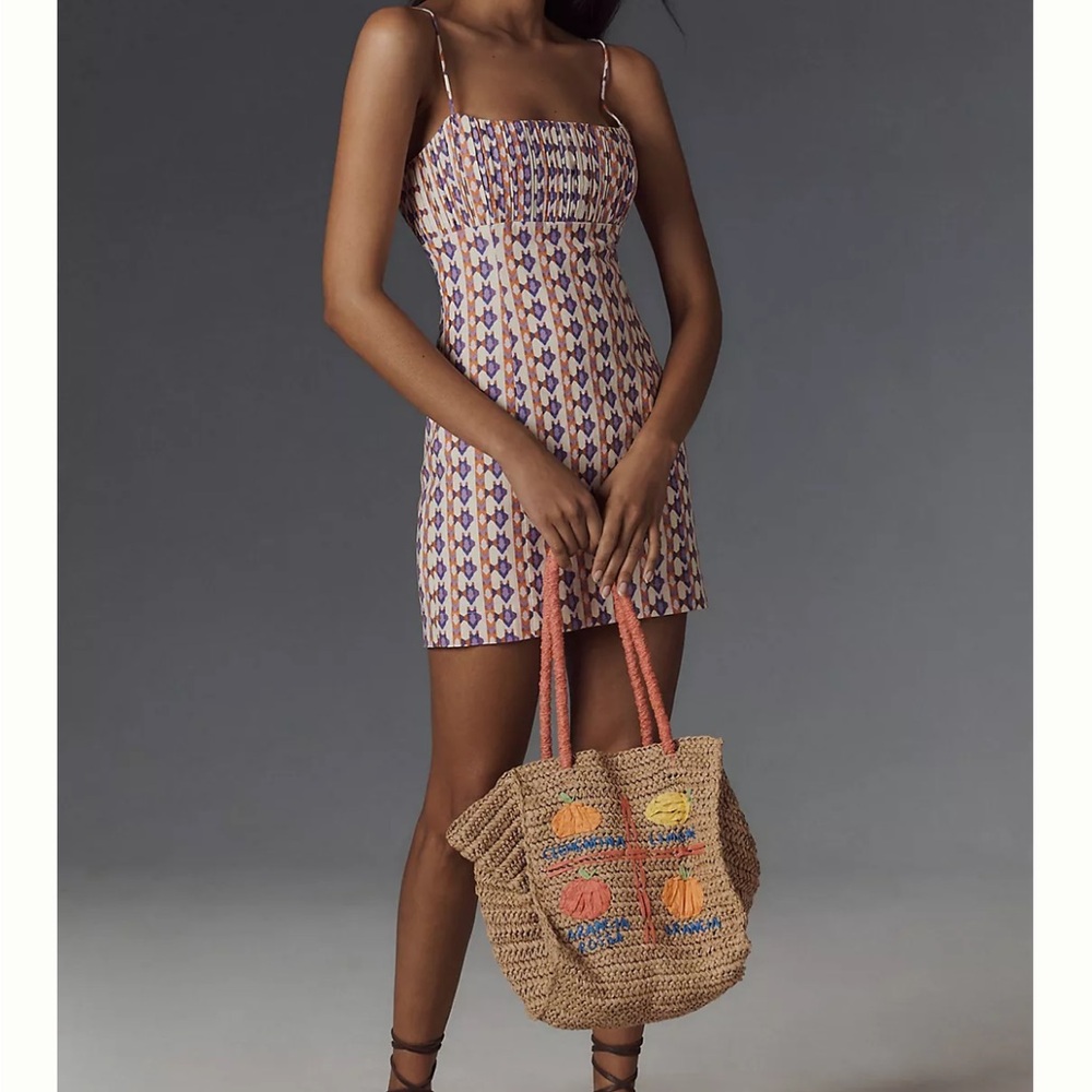 Anthropologie Purple and Cream Geometric Smocked Mini Dress
